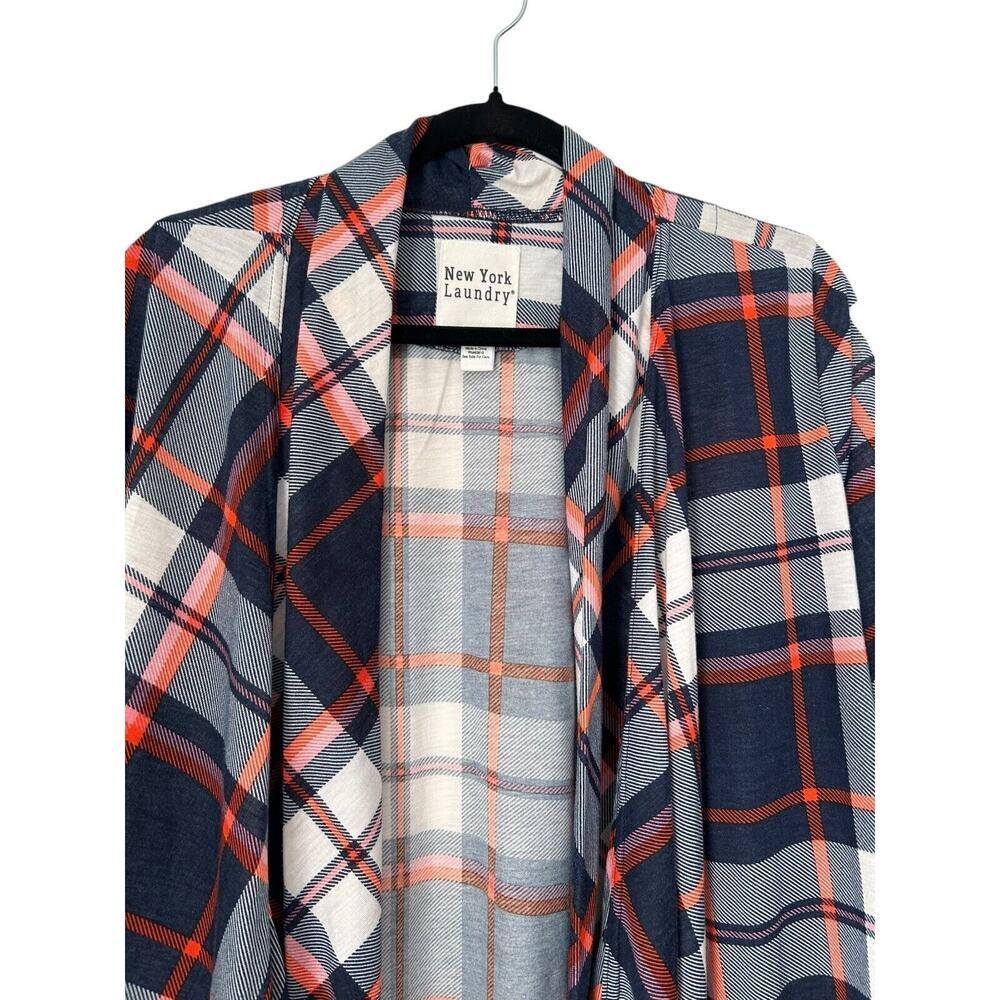 New York Laundry Sweater SZ XL Blue Plaid Roll Tab Sleeve Asymmetrical Cardigan - Picture 2 of 9